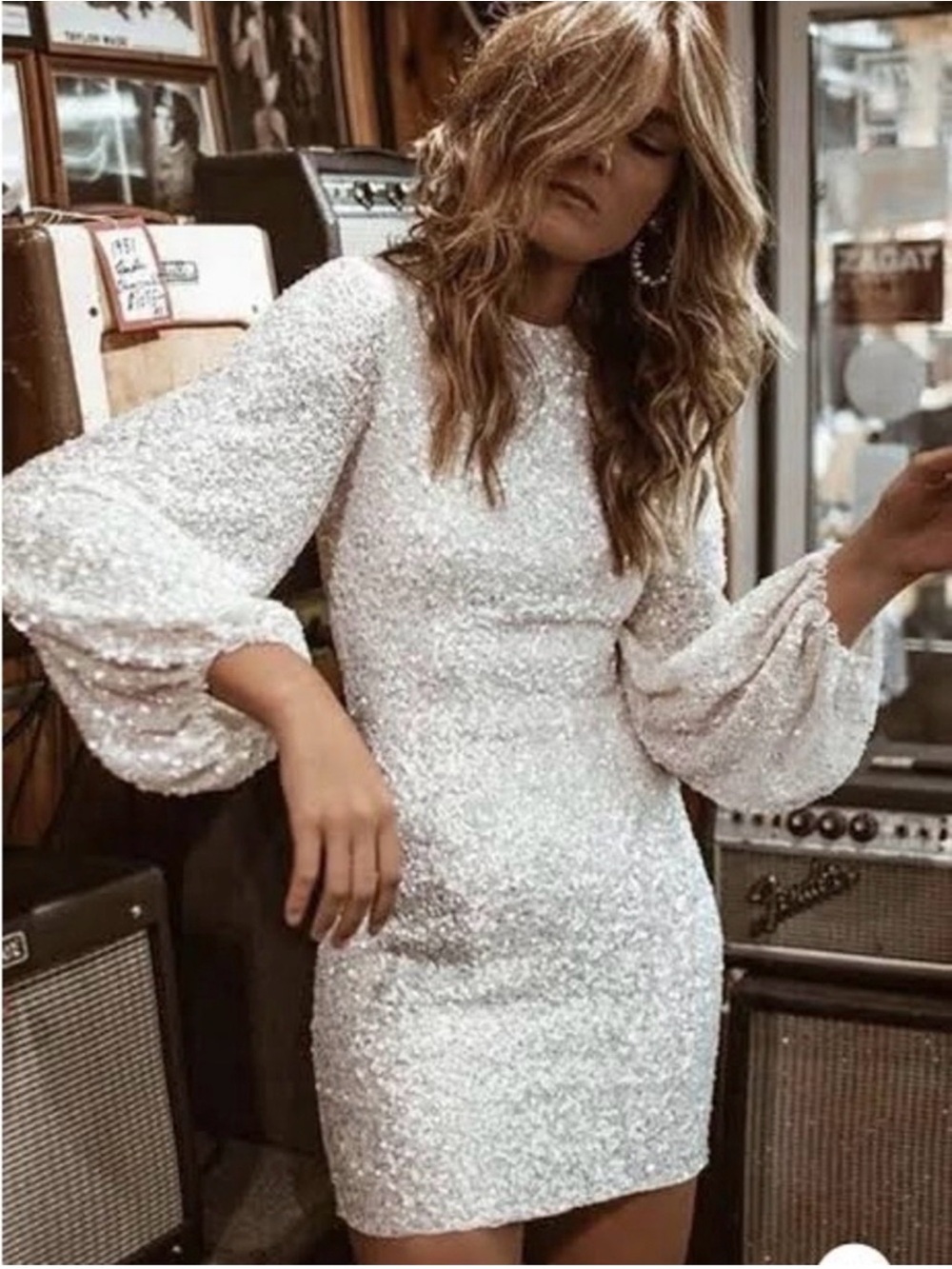 BHLDN White Sequin Puff-Sleeve Mini Dress